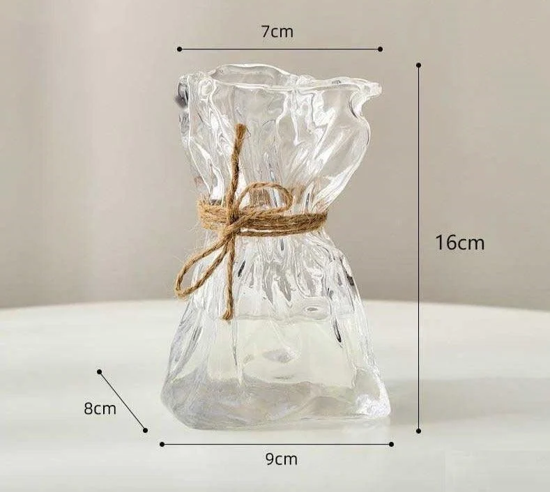 Iridescent Abstract Glass Pleated Paper Bag Vase with Rope Strap -