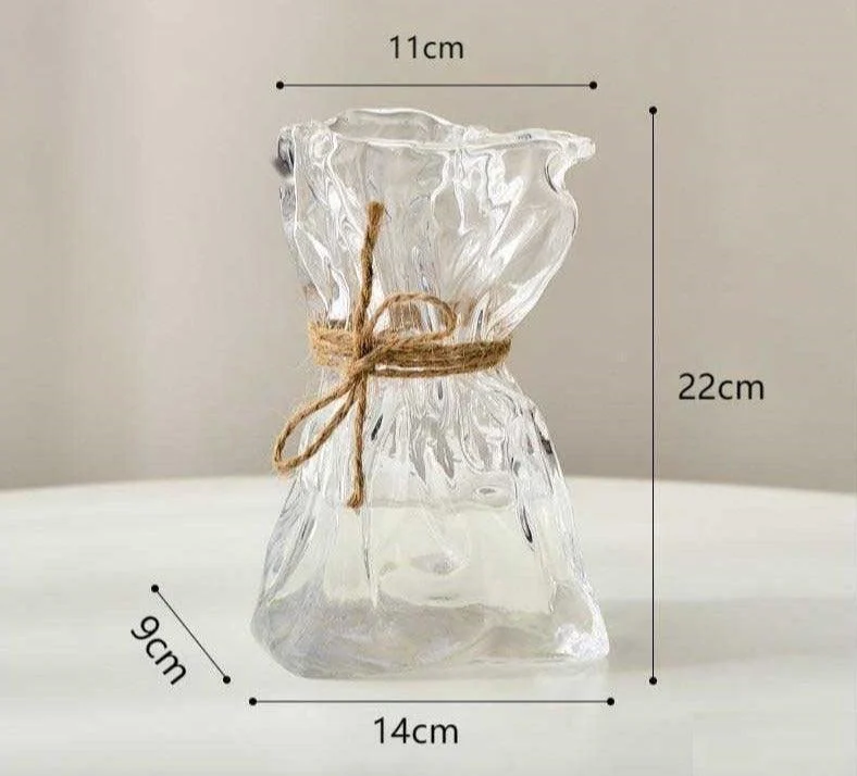 Iridescent Abstract Glass Pleated Paper Bag Vase with Rope Strap -