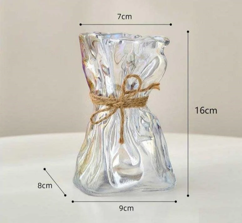 Iridescent Abstract Glass Pleated Paper Bag Vase with Rope Strap -