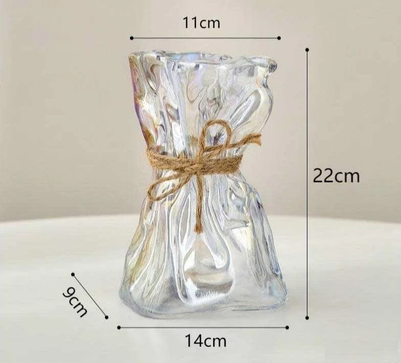 Iridescent Abstract Glass Pleated Paper Bag Vase with Rope Strap -