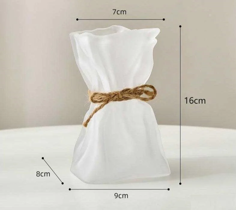 Iridescent Abstract Glass Pleated Paper Bag Vase with Rope Strap -