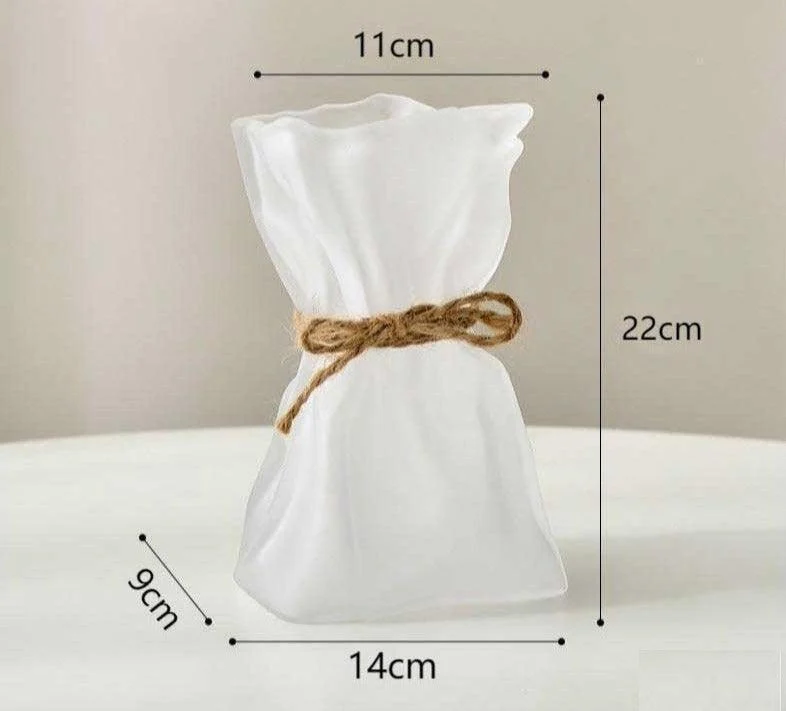 Iridescent Abstract Glass Pleated Paper Bag Vase with Rope Strap -