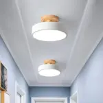 IronDrumFlushmountNordicWhite Green GreyFinishLEDSemiClosetoCeilingLightwithWoodCanopyforCorridor