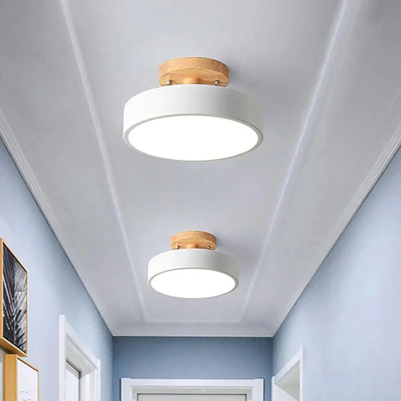 Irondrumflushmountnordicwhite Green Greyfinishledsemiclosetoceilinglightwithwoodcanopyforcorridor