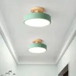 IronDrumFlushmountNordicWhite Green GreyFinishLEDSemiClosetoCeilingLightwithWoodCanopyforCorridor