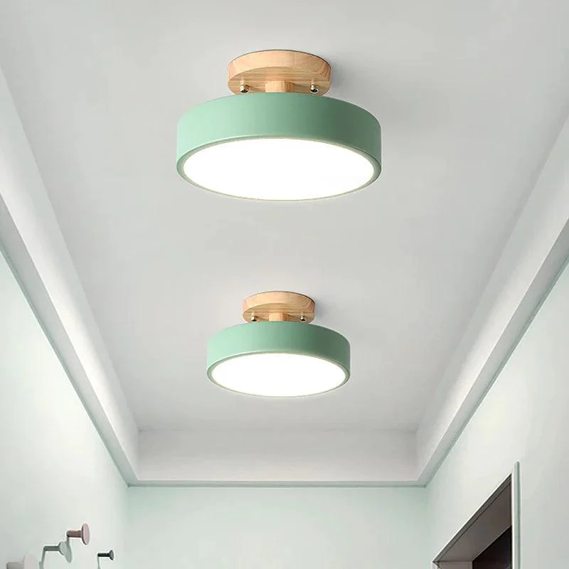 Irondrumflushmountnordicwhite Green Greyfinishledsemiclosetoceilinglightwithwoodcanopyforcorridor 3