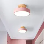 IronDrumFlushmountNordicWhite Green GreyFinishLEDSemiClosetoCeilingLightwithWoodCanopyforCorridor