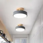 IronDrumFlushmountNordicWhite Green GreyFinishLEDSemiClosetoCeilingLightwithWoodCanopyforCorridor