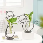 Iron Kitty Cat with Glass Heart Vase Propagation Station Planters