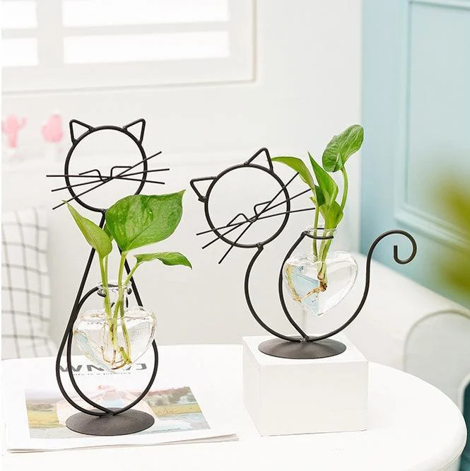 Iron Kitty Cat with Glass Heart Vase Propagation Station Planters -