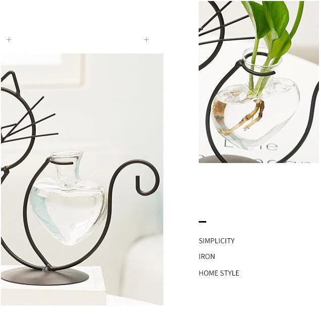 Iron Kitty Cat with Glass Heart Vase Propagation Station Planters -
