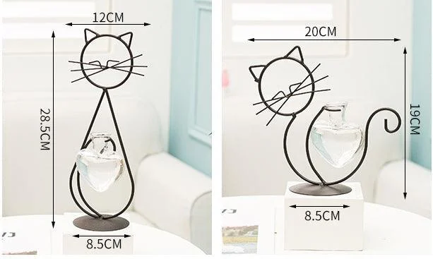 Iron Kitty Cat with Glass Heart Vase Propagation Station Planters -