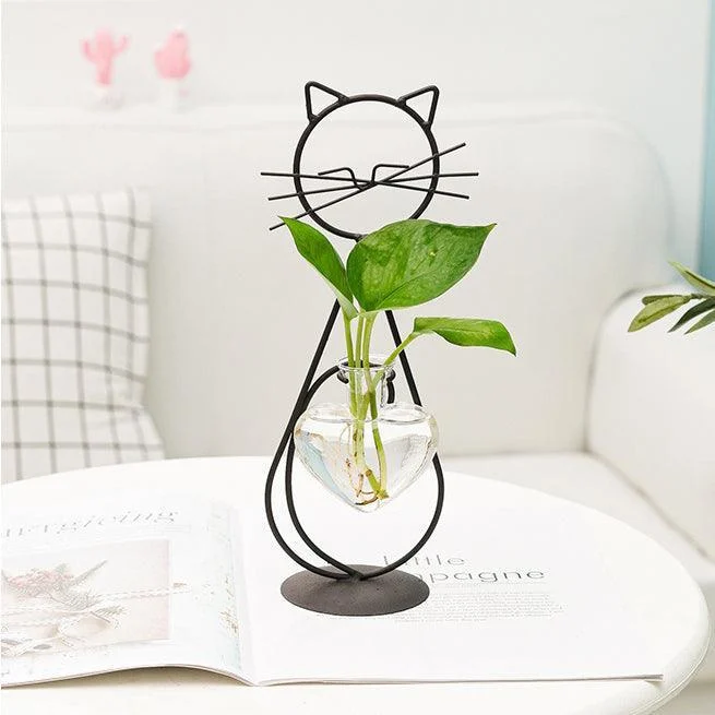 Iron Kitty Cat with Glass Heart Vase Propagation Station Planters -