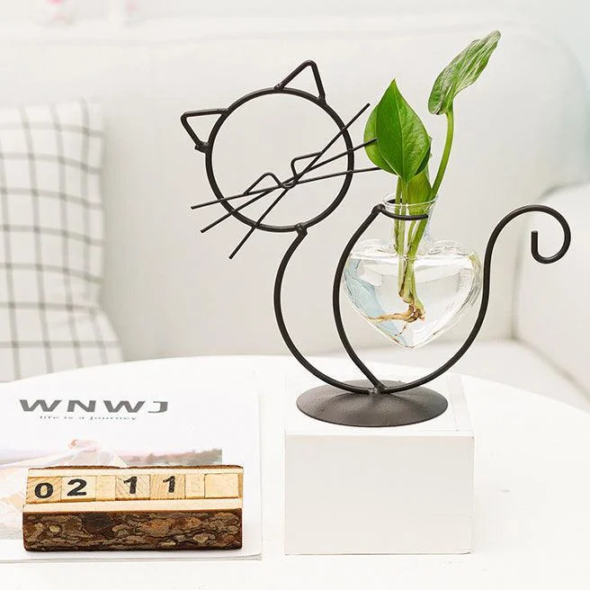 Iron Kitty Cat with Glass Heart Vase Propagation Station Planters -