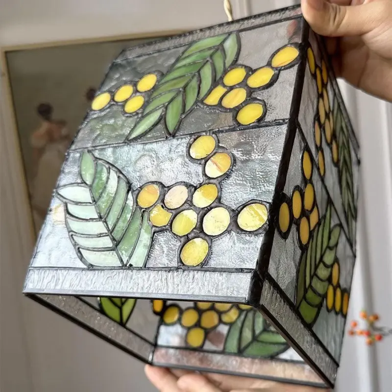 JapaneseVintageSquareCopperStainedGlass1 LightPendantLight