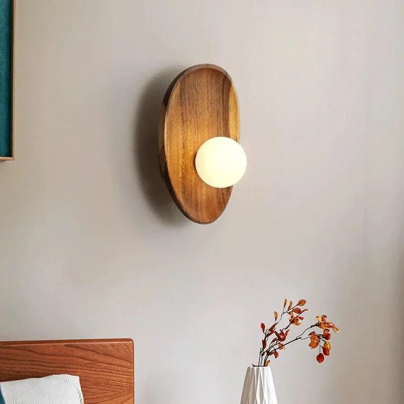 Japanese Style Solid Wooden Plate Wall Fixture Lamp -