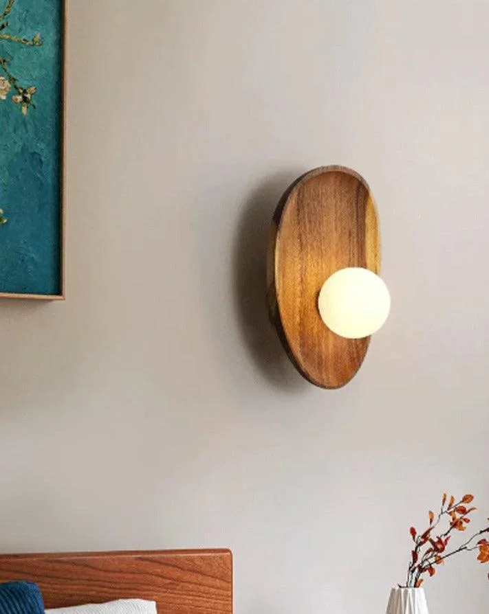 Japanese Style Solid Wooden Plate Wall Fixture Lamp -