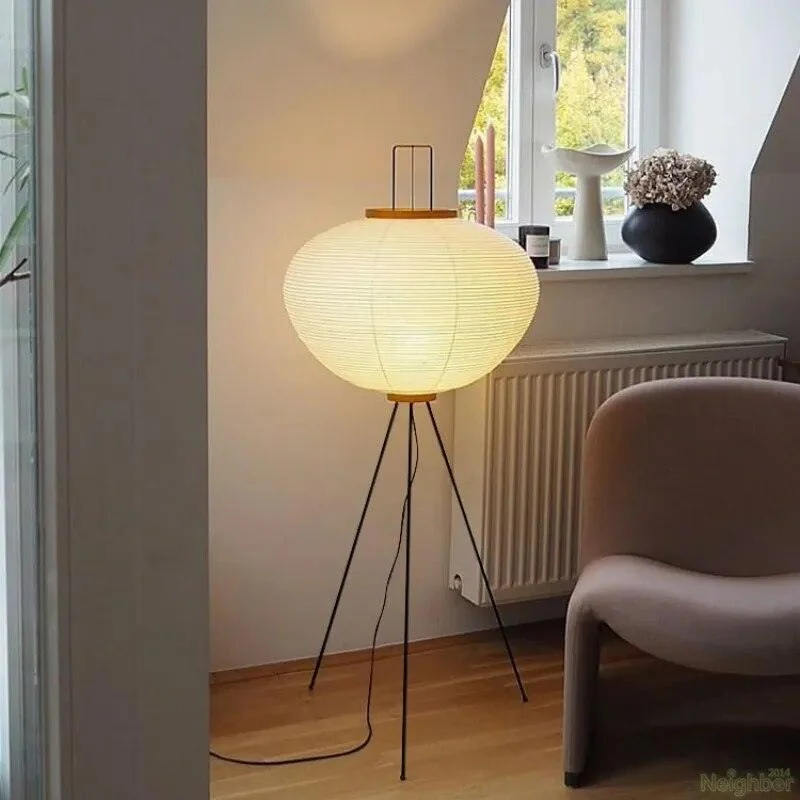 Japanese Wabi-Sabi Style Rice Paper Round Floor Lantern Lamp -
