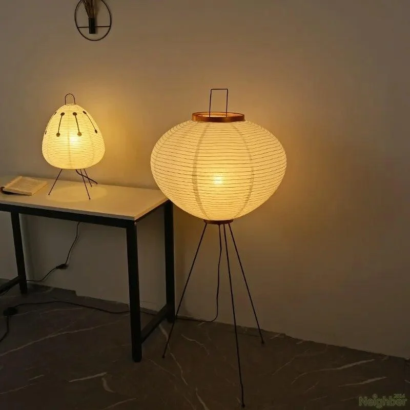 Japanese Wabi-Sabi Style Rice Paper Round Floor Lantern Lamp -