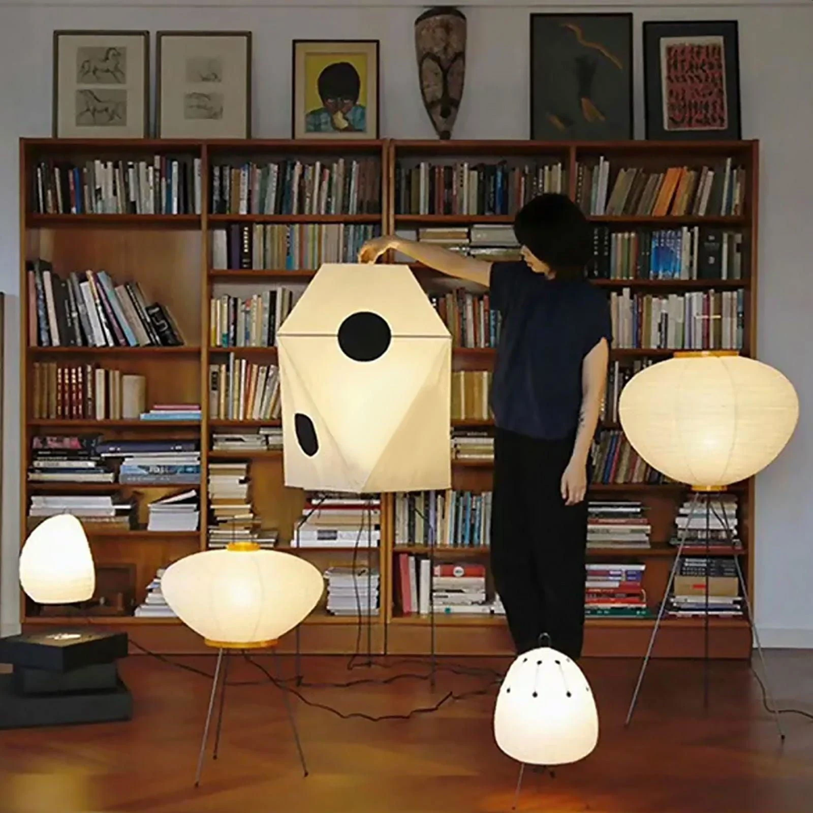Japanese Wabi-Sabi Style Rice Paper Round Floor Lantern Lamp -