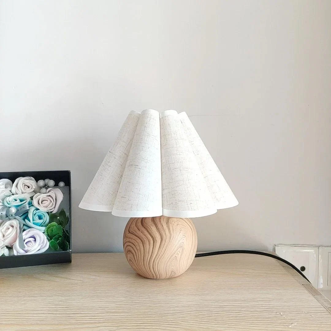 Korean Wood with White Linen Table Lamp Lighting Bedside Desk -