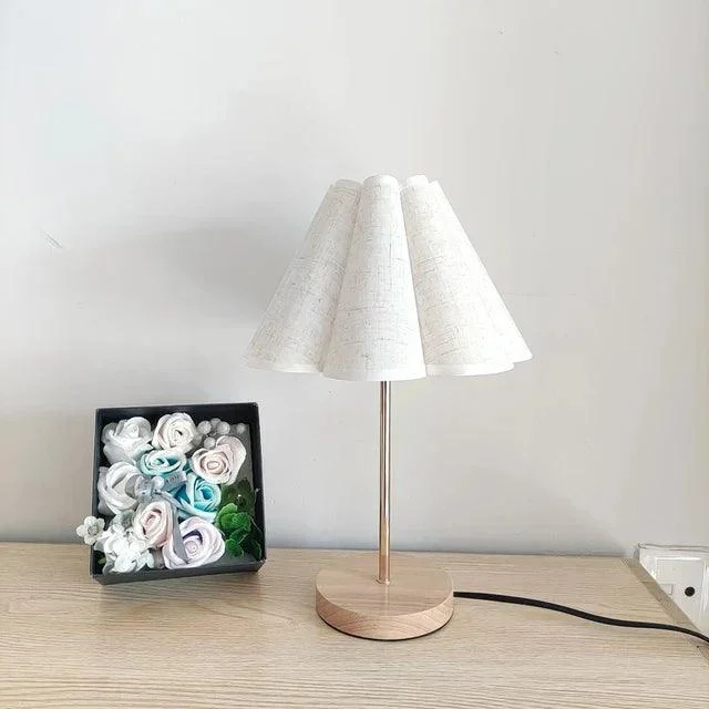 Korean Wood with White Linen Table Lamp Lighting Bedside Desk -