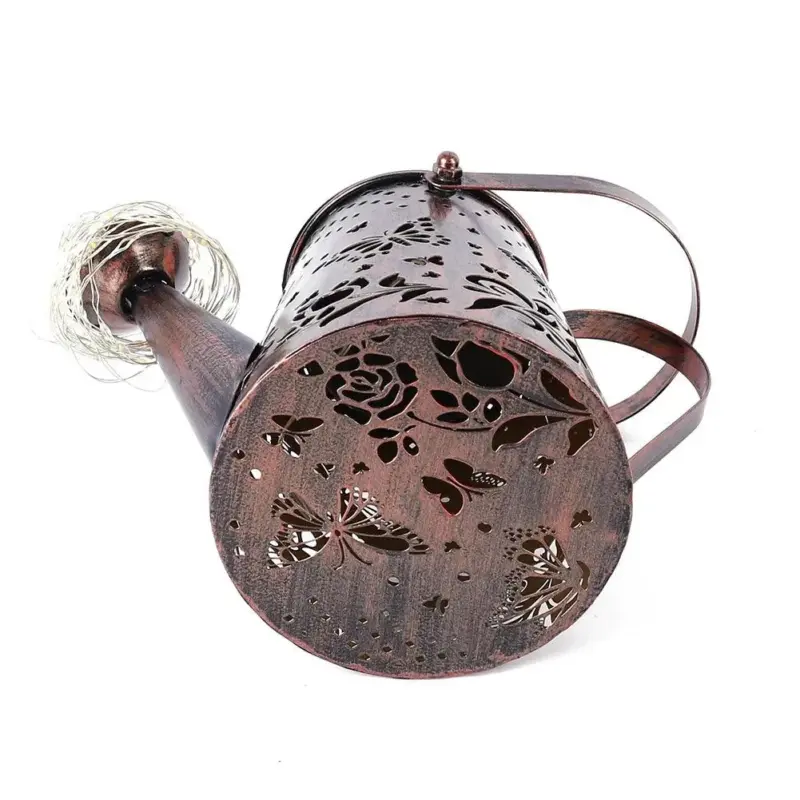 LED Solar Lamp Wrought Iron Hollow Watering Can Projector Light for Garden Walkway Yard Pathway Decoration