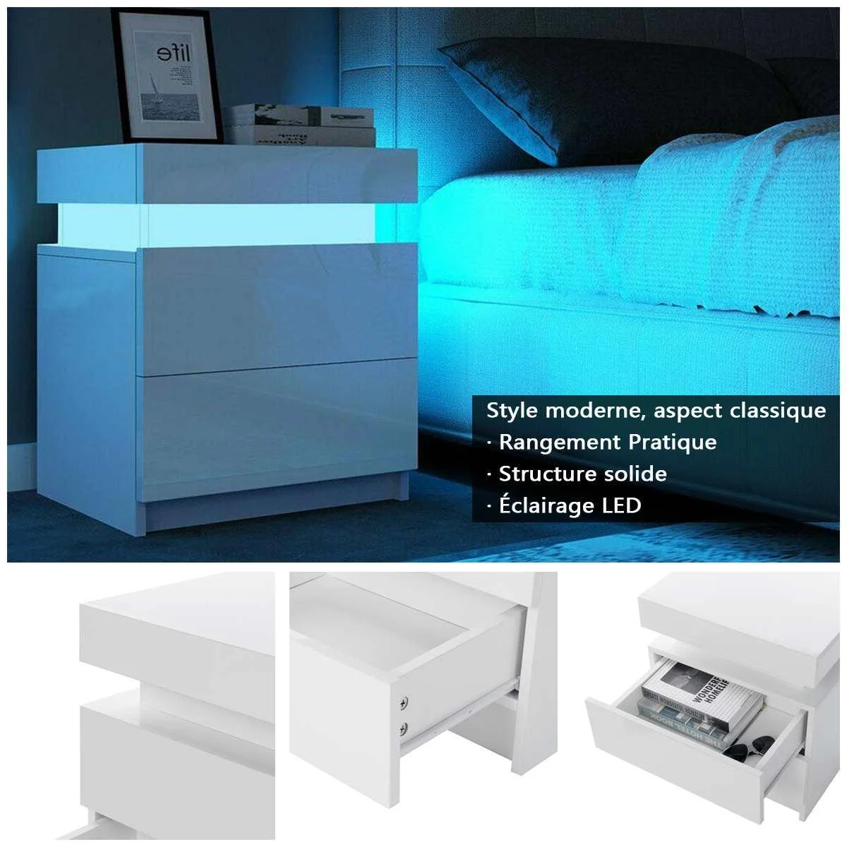 LED Coffee Table 2 Drawers Table Storage Organizer Bedside Cabinet -  - #tag1#