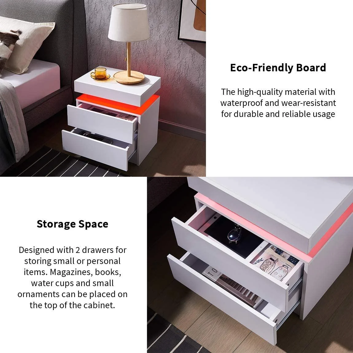LED Coffee Table 2 Drawers Table Storage Organizer Bedside Cabinet -  - #tag1#