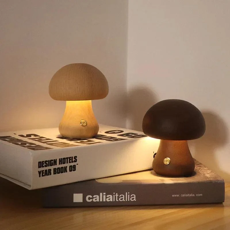 LED Mushroom Night Light - Touch - Adjustable Brightness - Walnut/Beech Wood -  - #tag1#
