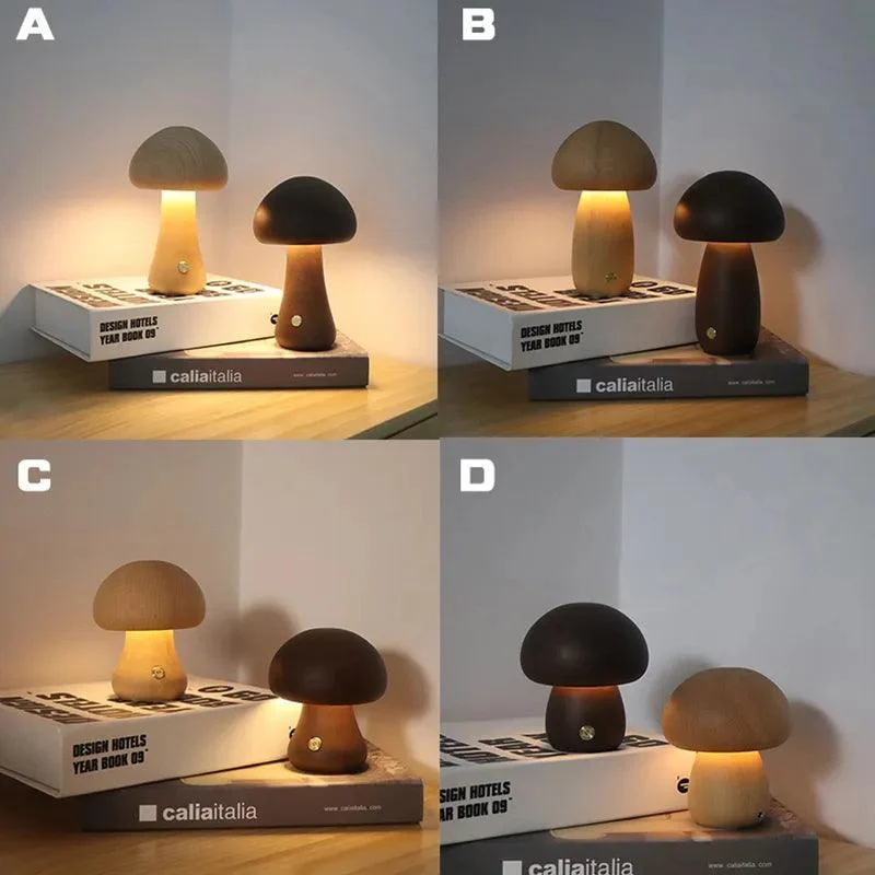 LED Mushroom Night Light - Touch - Adjustable Brightness - Walnut/Beech Wood -  - #tag1#
