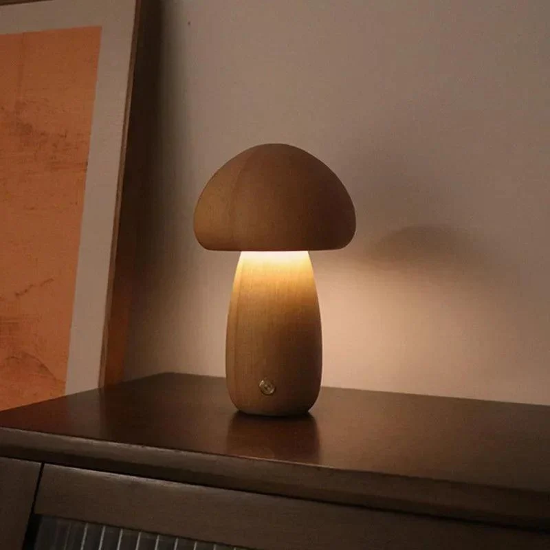 LED Mushroom Night Light - Touch - Adjustable Brightness - Walnut/Beech Wood -  - #tag1#