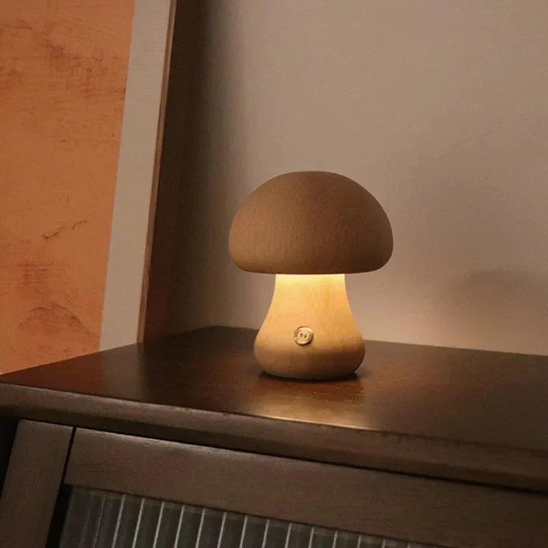 LED Mushroom Night Light - Touch - Adjustable Brightness - Walnut/Beech Wood -  - #tag1#