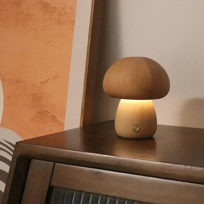 LED Mushroom Night Light - Touch - Adjustable Brightness - Walnut/Beech Wood -  - #tag1#
