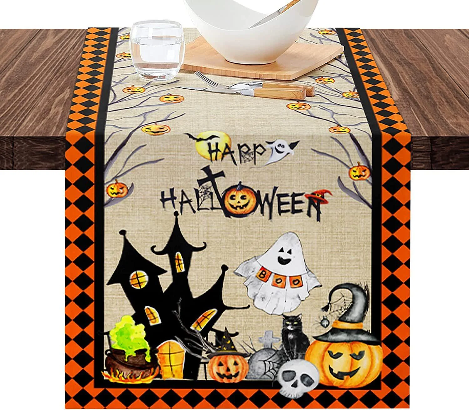 Linen Halloween Pumpkin Home Restaurant Decoration Table Runner -  - #tag1#