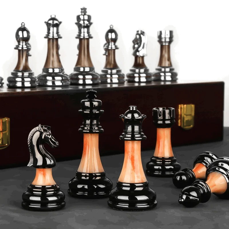 Luxury Metal Chess Set with Large 45CM Wooden Board -