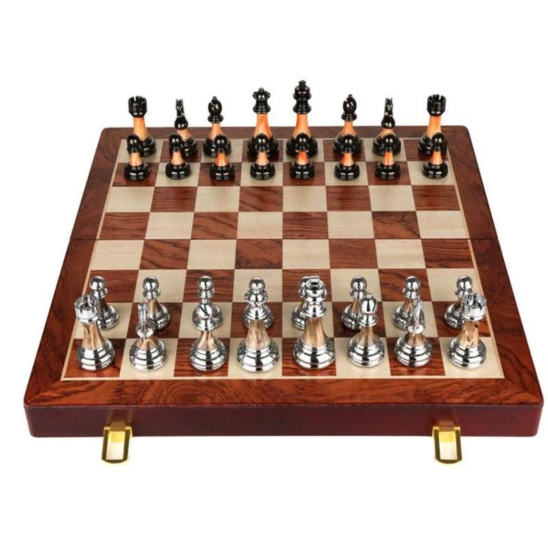 Luxury Metal Chess Set with Large 45CM Wooden Board -