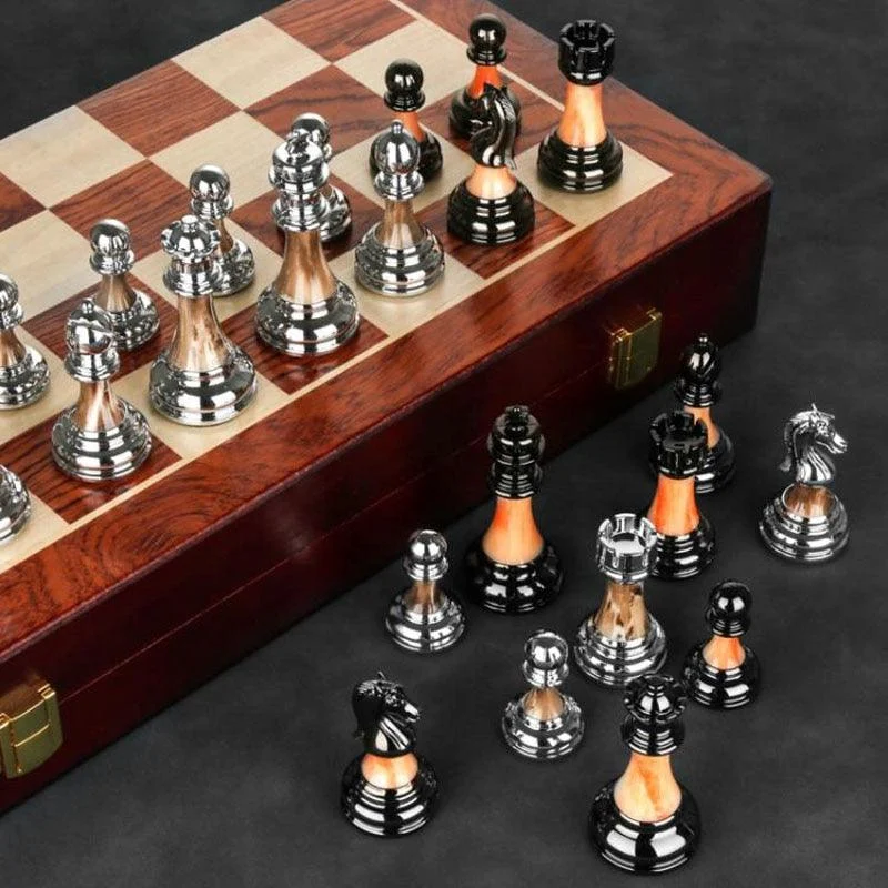 Luxury Metal Chess Set with Large 45CM Wooden Board -