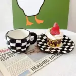 MBbWHand painted Flower Ceramic Checkerboard Coffee Cup Home Office Mug With Saucer Breakfast Milk Cup Creative