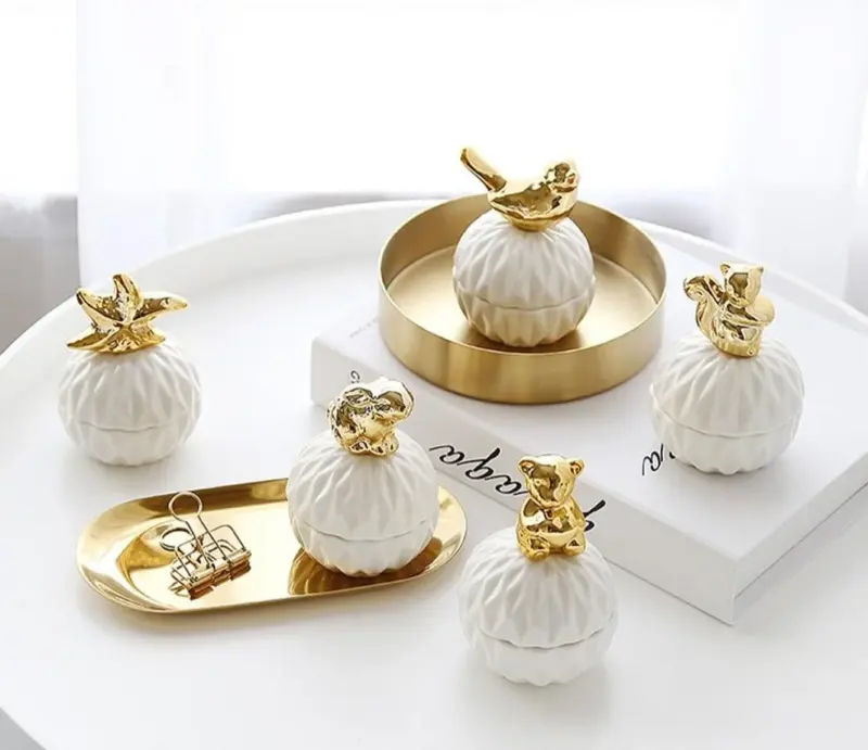 MSJO Jewelry Storage Box Organizer for Women Golden Ceramic Necklace Ring Earrings Dustproof Mini Jewelry Desktop