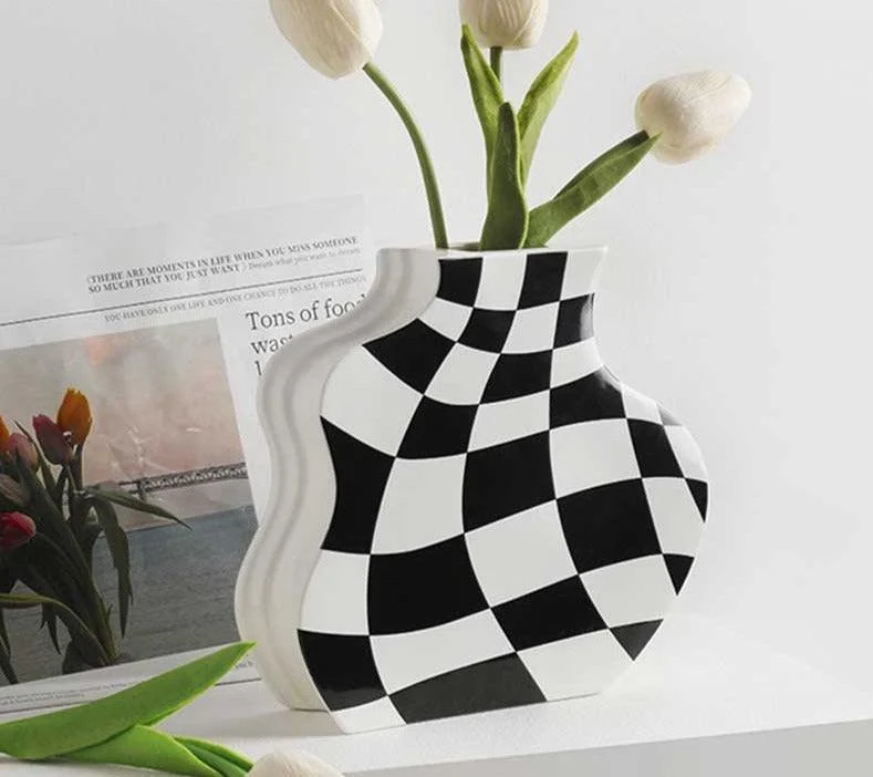 Minimalist Ceramic Black And White Checkered Vase -