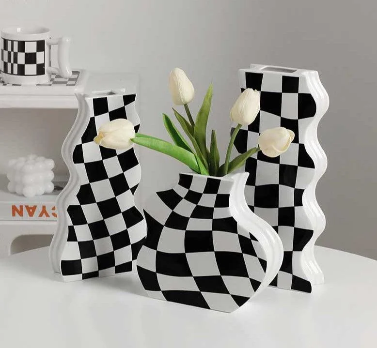 Minimalist Ceramic Black And White Checkered Vase -