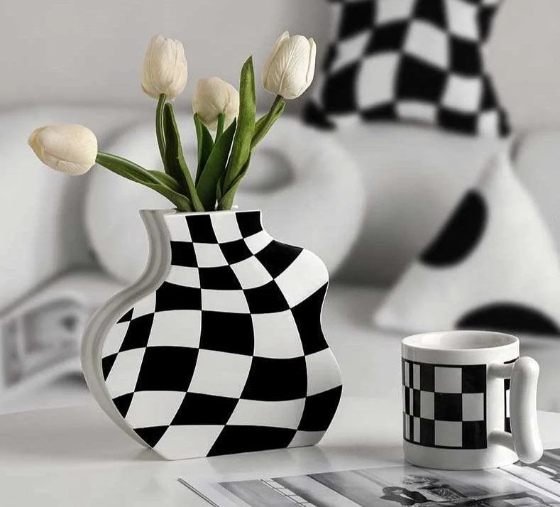 Minimalist Ceramic Black And White Checkered Vase -