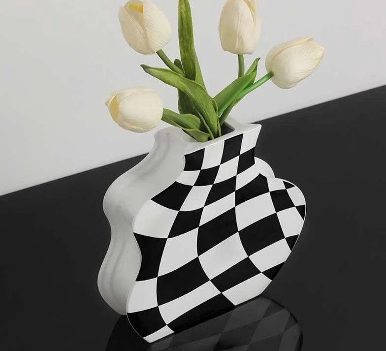 Minimalist Ceramic Black And White Checkered Vase -