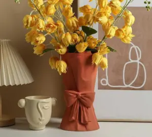 Minimalist Ceramic Book Vase For Flowers with Bowtie