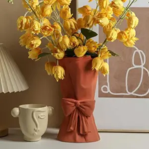 Minimalist Ceramic Book Vase For Flowers with Bowtie - 