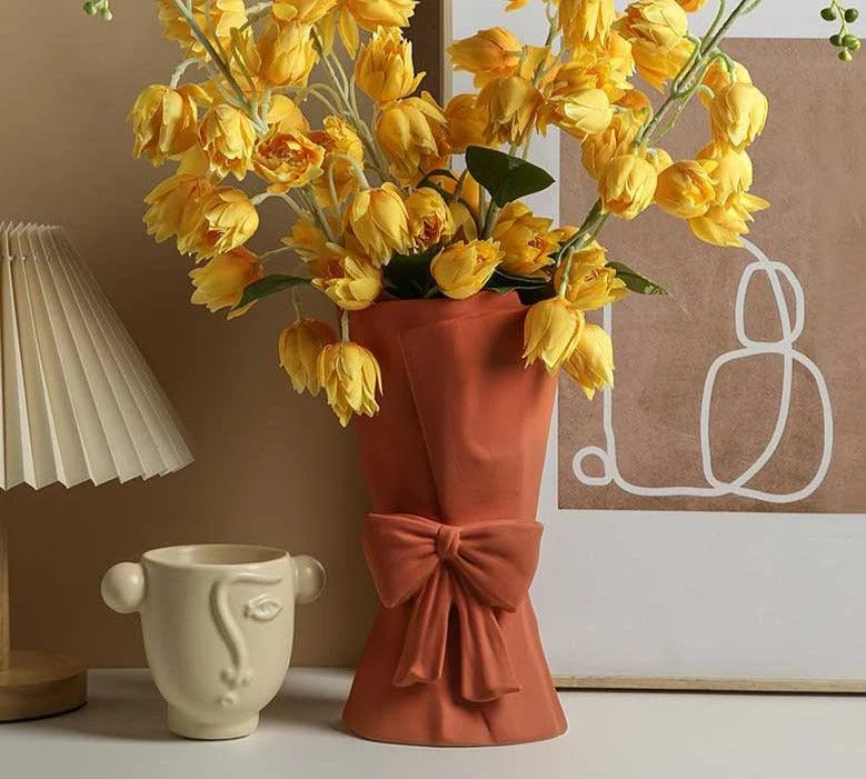 Minimalist Ceramic Book Vase For Flowers with Bowtie -