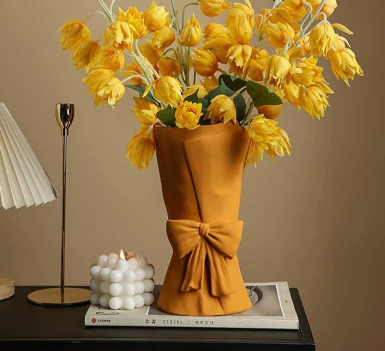 Minimalist Ceramic Book Vase For Flowers with Bowtie -