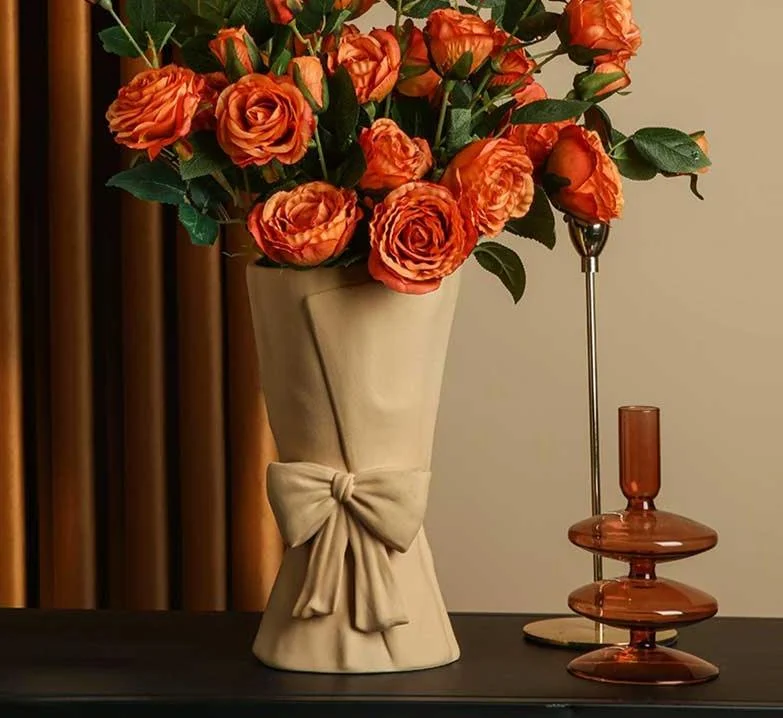 Minimalist Ceramic Book Vase For Flowers with Bowtie -
