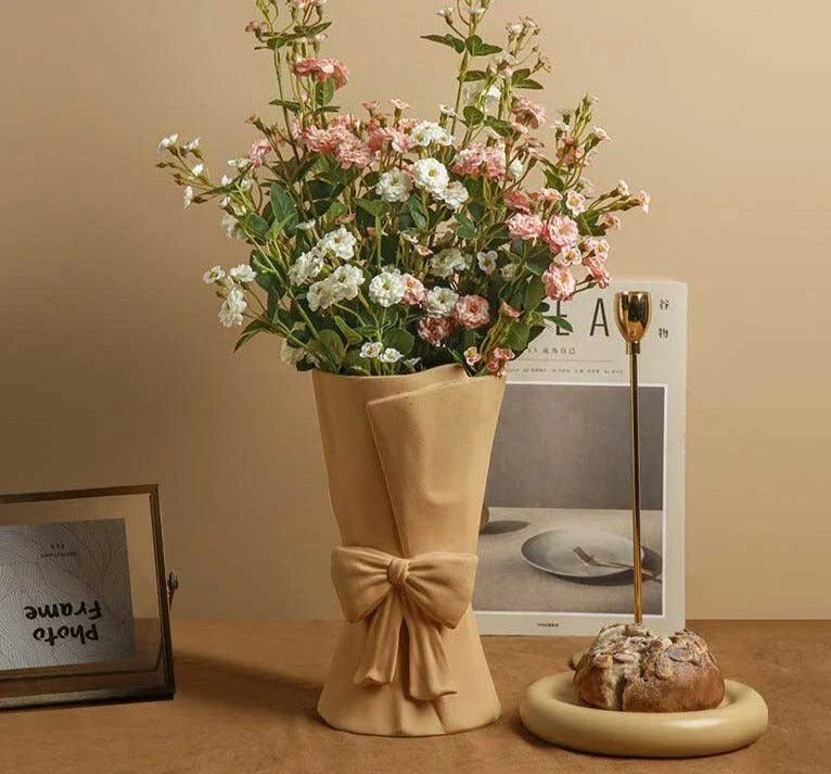 Minimalist Ceramic Book Vase For Flowers with Bowtie -
